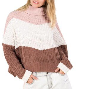 POL Chunky Knit Color Block Cropped Cowl Neck Sweater Small